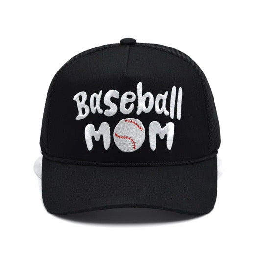 A stylish baseball mom hat featuring a classic curved brim and and embroidered "baseball mom" design.