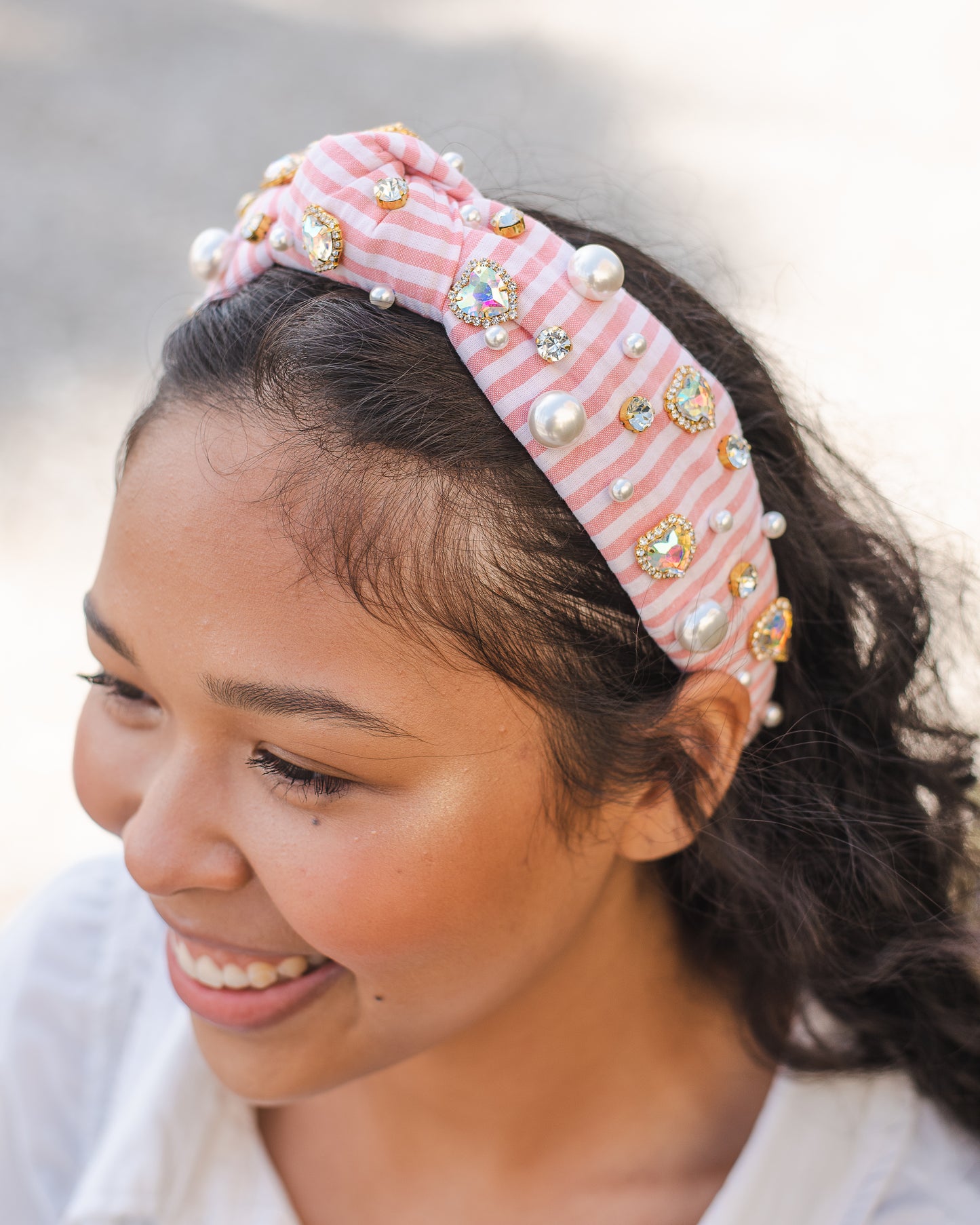 Pink Seersucker Crystal Knotted Headband - Honeybee's Louisiana Local Threads