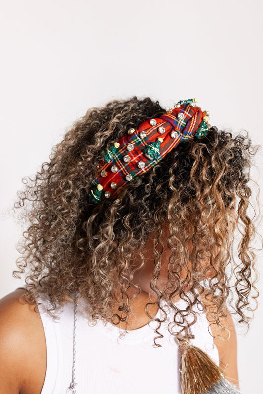 Tartan Plaid Embellished Knotted Headband