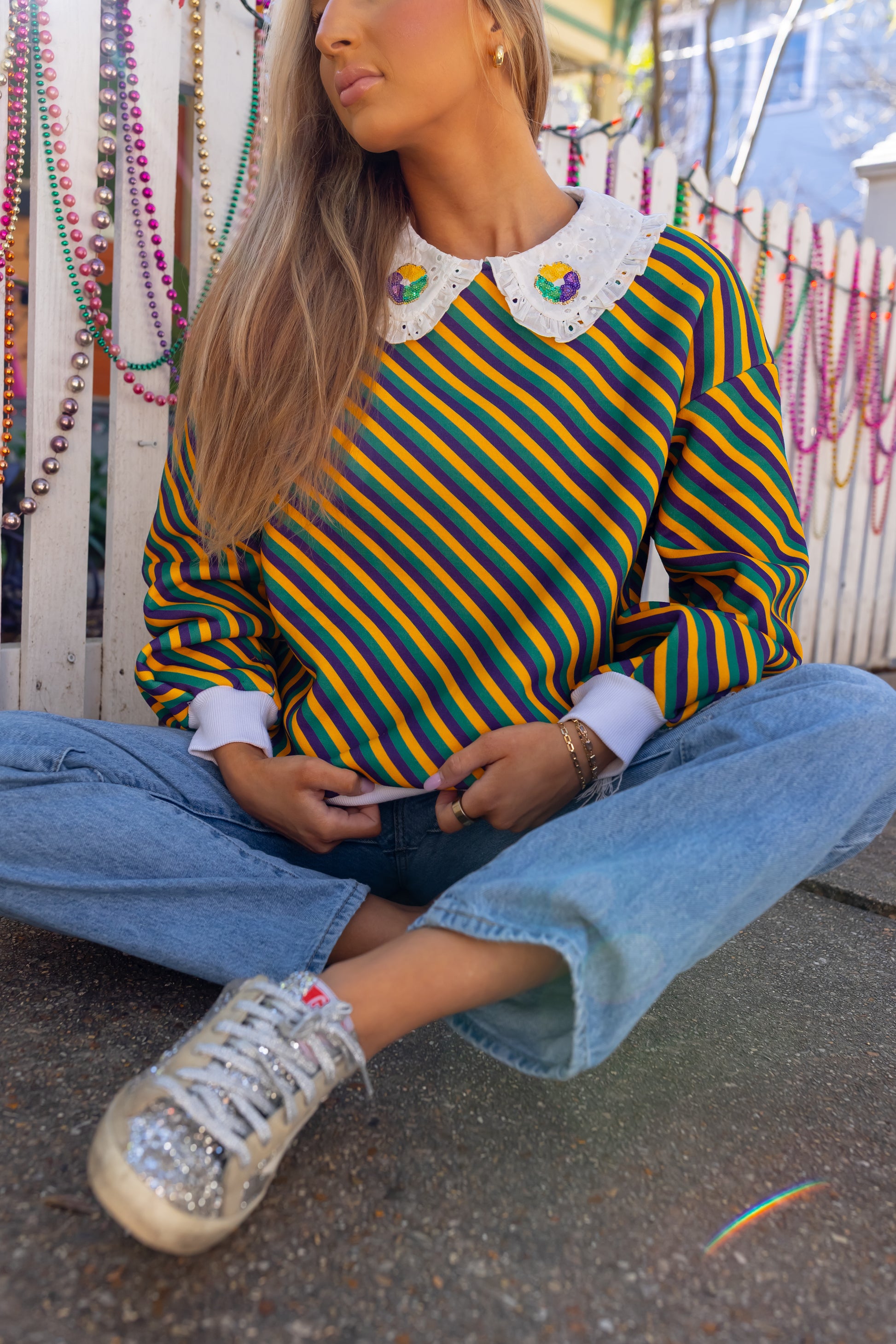Mardi Gras Stripe + King Cake Collar Sweatshirt - Honeybee's Louisiana Local Threads 