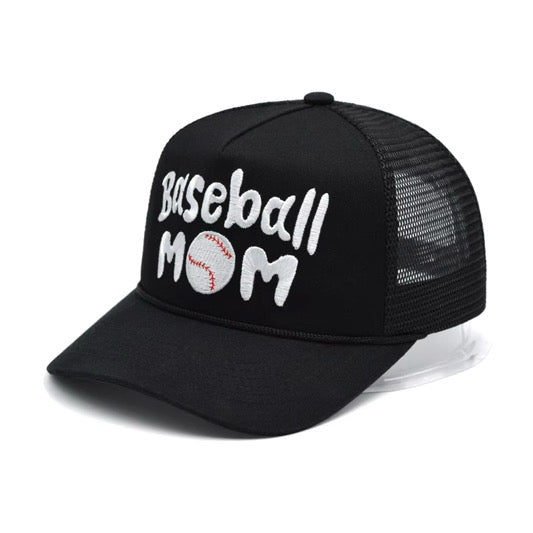 A stylish baseball mom hat featuring a classic curved brim and and embroidered "baseball mom" design. 